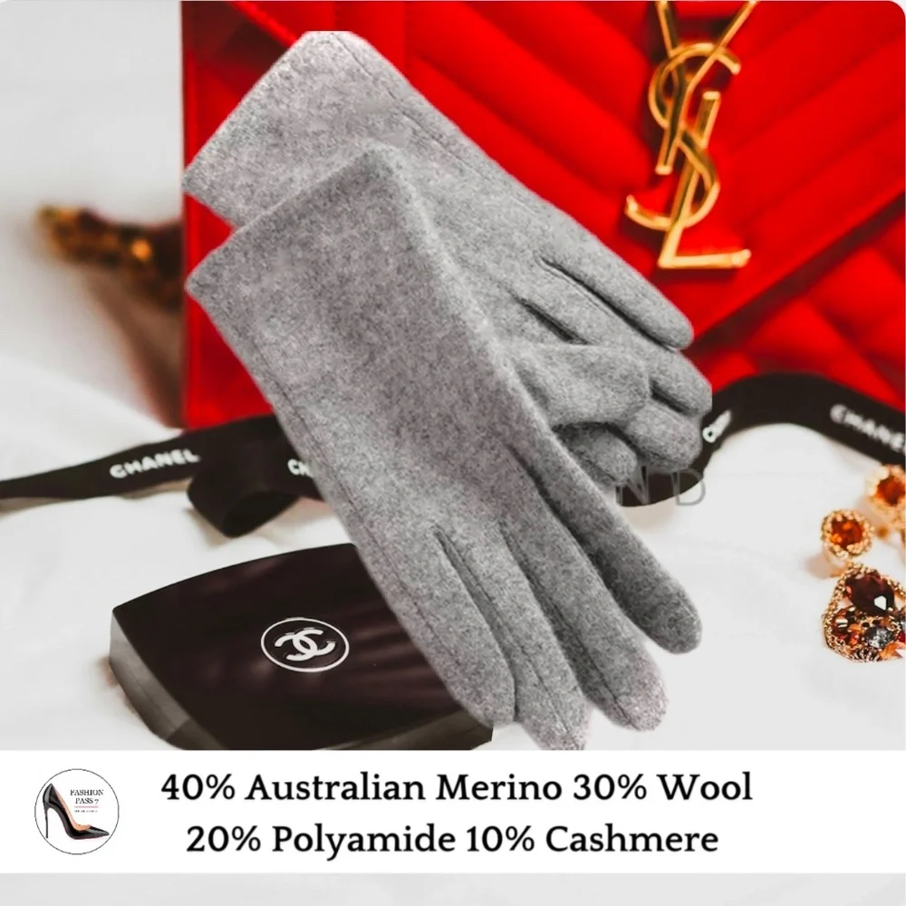 Luxury Cashmere Merino Wool Gloves Classic Gray Winter Mittens Fleece inside